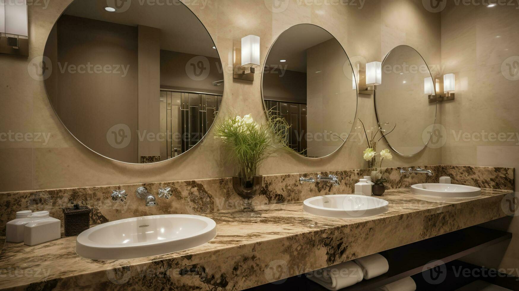 Interior of a luxury hotel bathroom with beige marble walls. AI