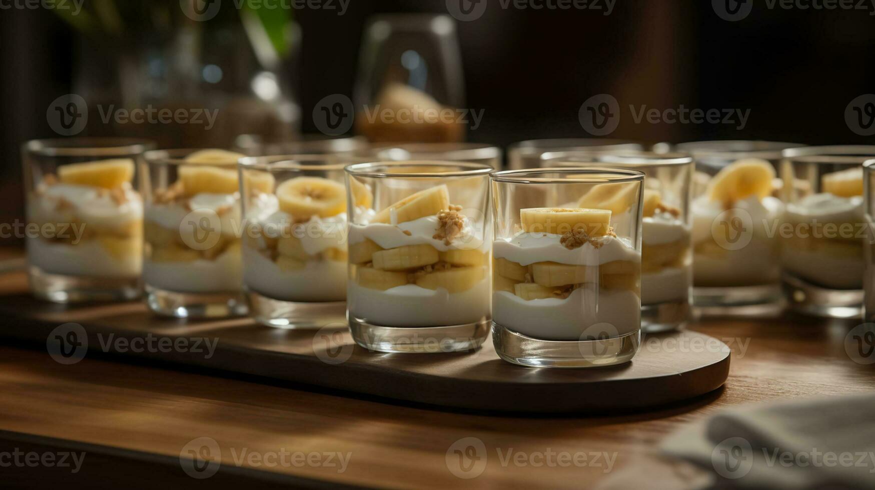 Glasses with delicious banana pudding on table. AI Generative photo