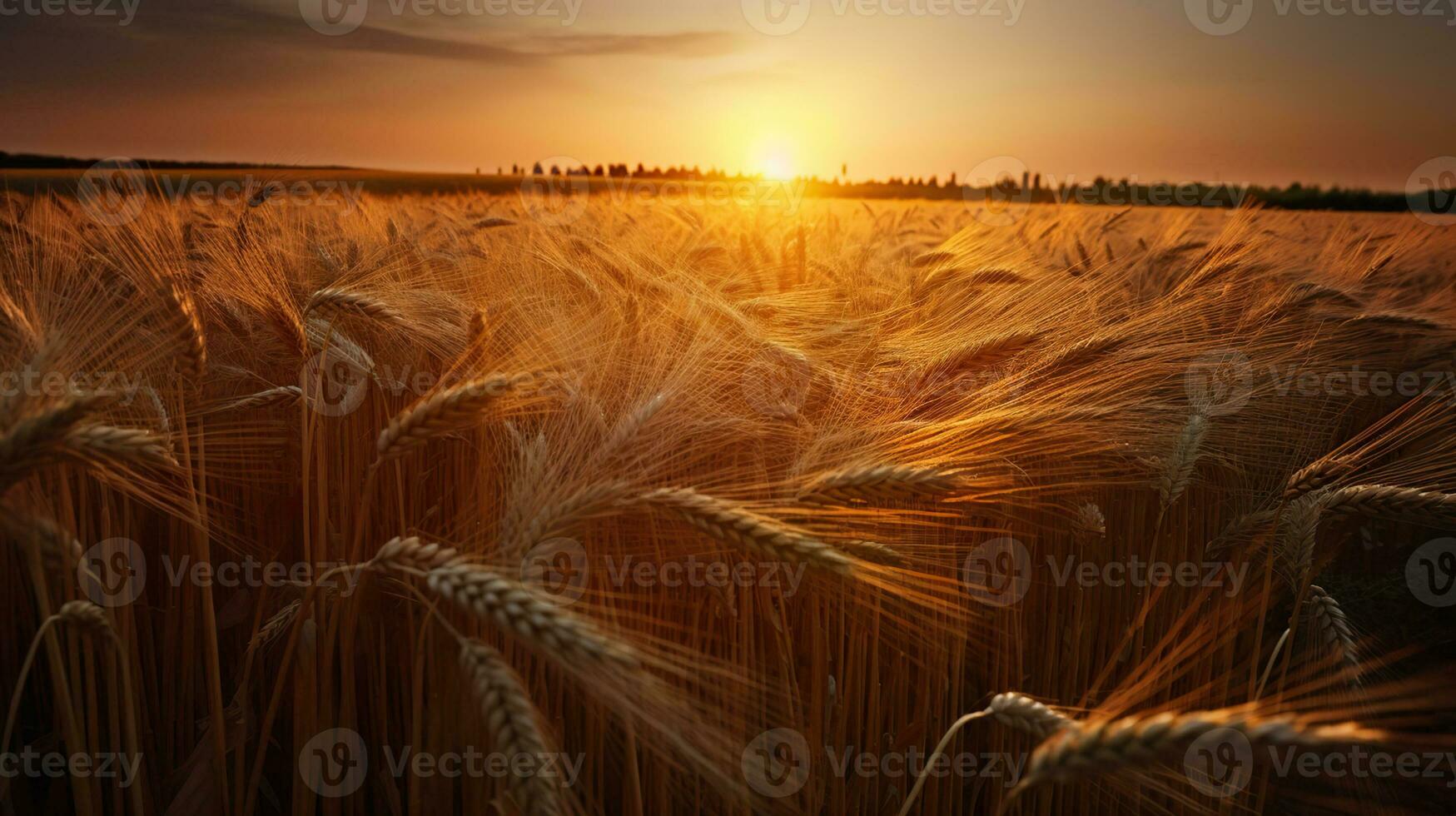 Sunset wheat golden field in the evening, AI Generative photo