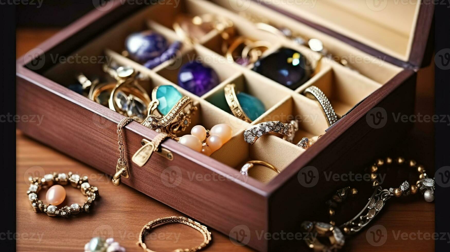 Jewelry box with stylish golden bijouterie, closeup view. AI Generative photo