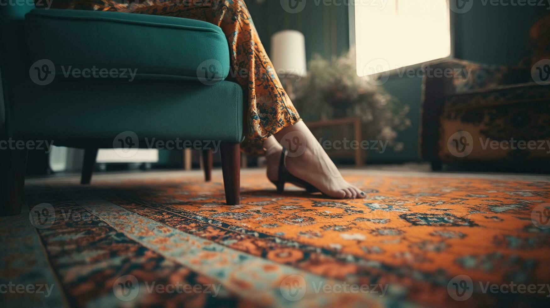 Woman sitting in armchair with feet on carpet at home. AI Generative photo