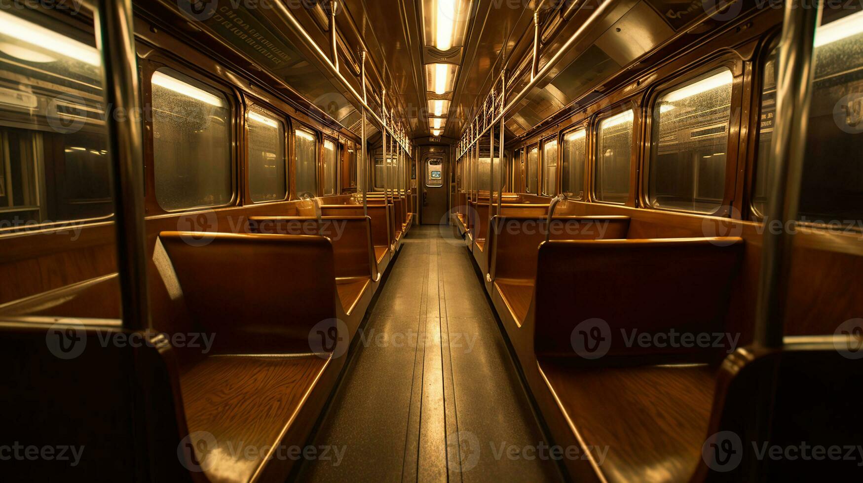 A subway car with wooden benches, AI Generative photo