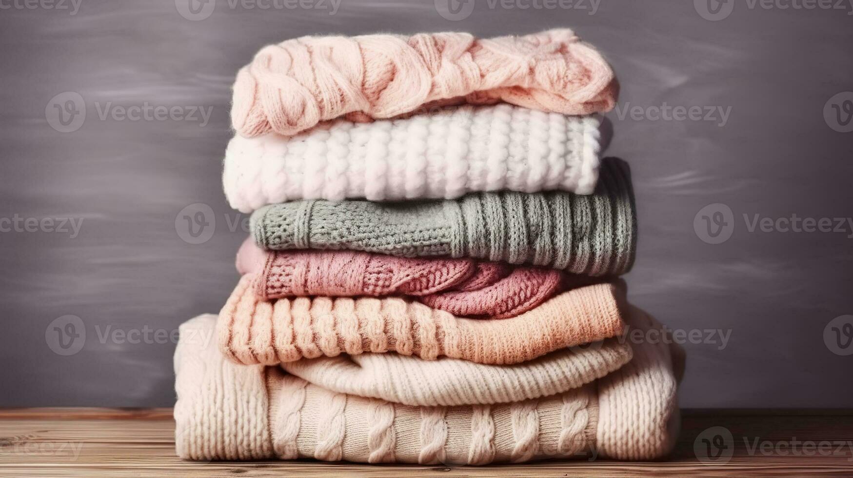 Bunch of knitted warm pastel color sweaters with different knitting patterns folded in stack on brown wooden table, grunged texture wall background. Fall winter season knitwear. Generative AI photo