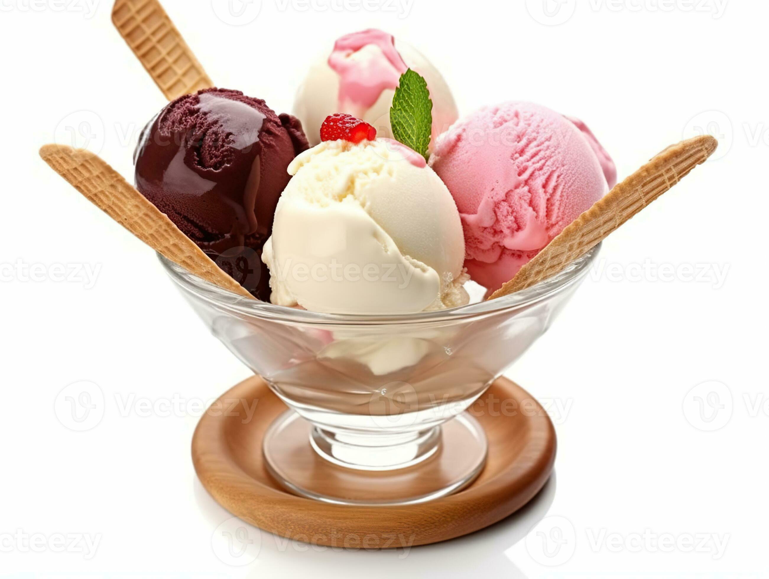 Vanilla, strawberry and chocolate ice cream scoops with wafer stick in