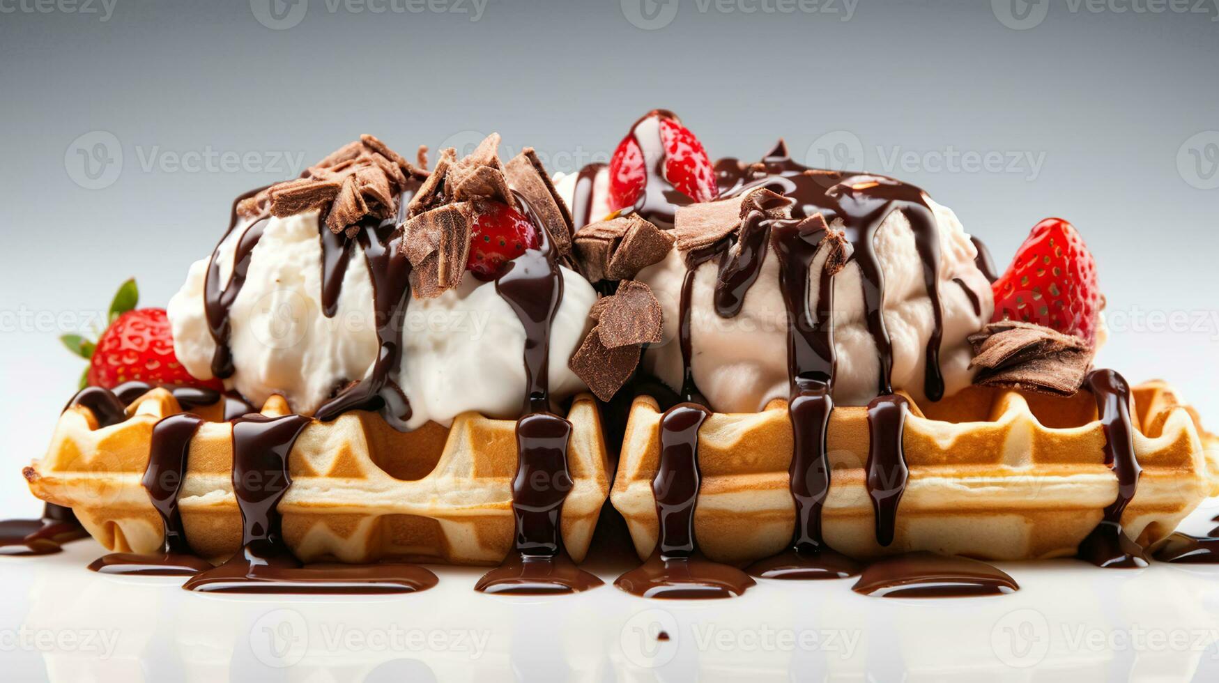 An appetizer includes waffles with chocolate and strawberries, in the style of paint dripping technique, rollerwave, dark brown and white. Generative AI photo