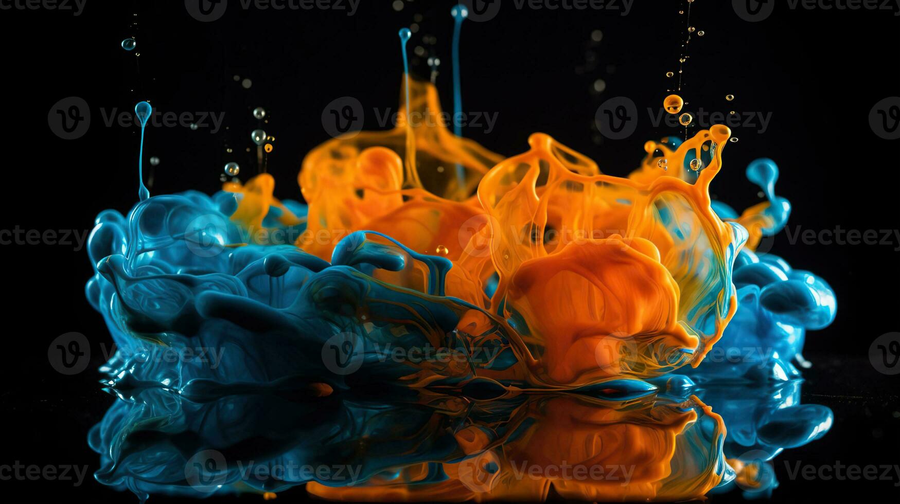 Spectacular image of blue and orange liquid ink churning together, with a realistic texture and great quality. 3D Illustration. Generative AI photo