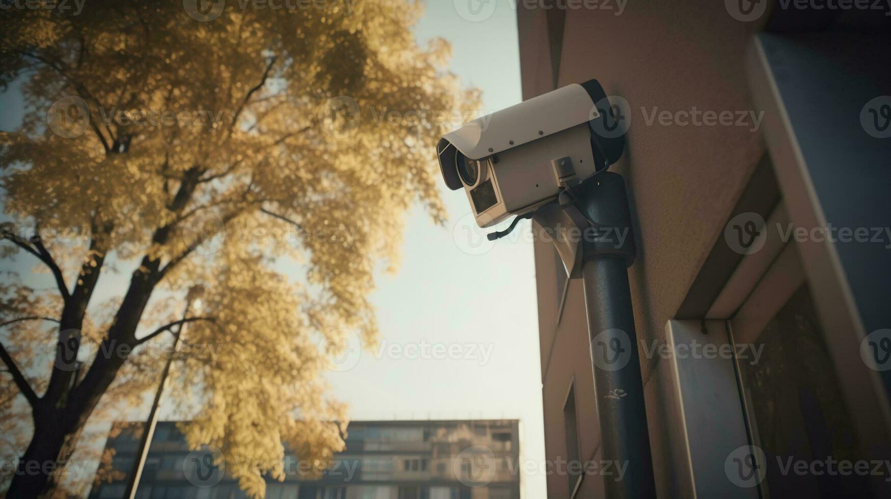 CCTV. video surveillance camera is mounted on a pole outside an apartment building for monitor security. Generative AI photo