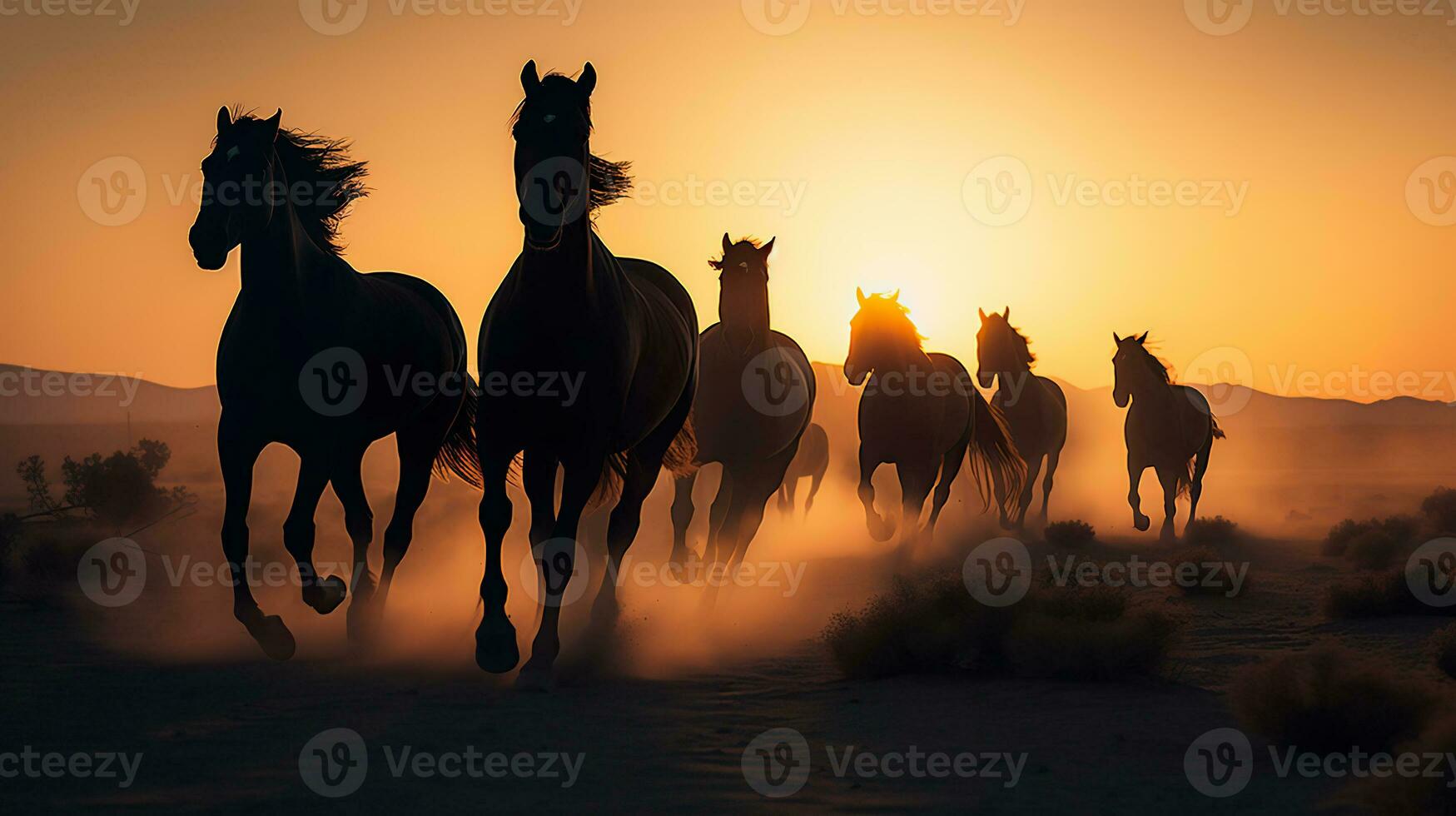 Horses running on plains at dusk and sunset, silhouette of running stallions, wild horses running, , Generative AI photo