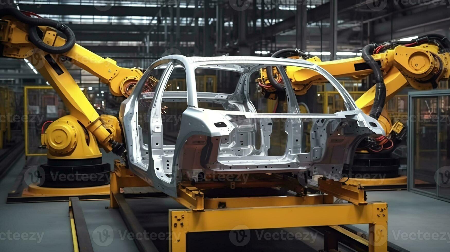 marco y cuerpo para fabricar de nuevo carros en taller de automóvil industria robótico generativo ai foto