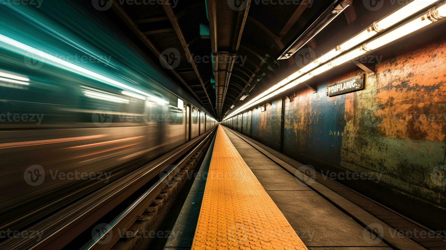 Subway tunnel with blurred light tracks with arriving train in the opposite direction. Generative AI photo