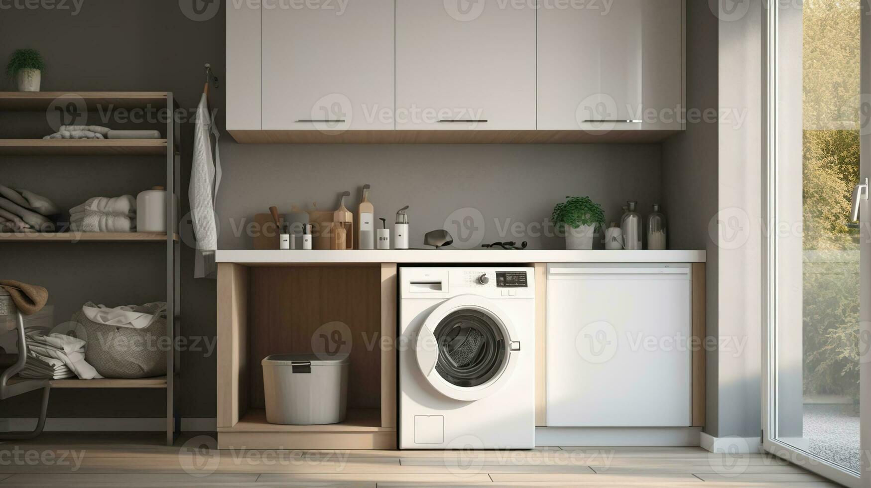 Interior of a real laundry room with a washing machine at the window at home. Generative AI photo