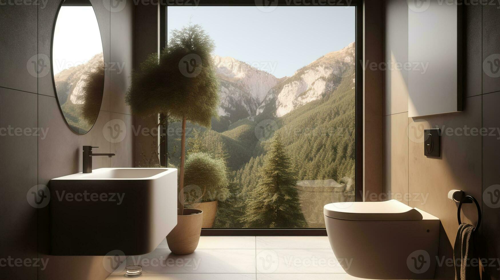 A Wall mounted smart closet tool in bathroom, in the style of organic nature - inspired forms, realistic rendering, mountainous vistas, traditional. Generative AI photo