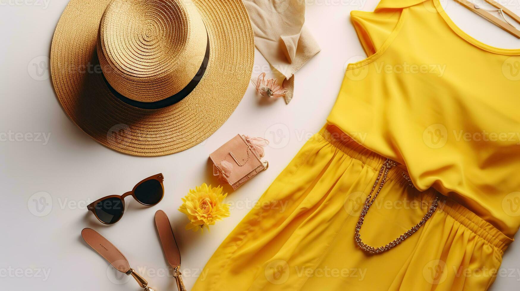 International womens day sale. Woman clothes and accessories, spring summer collection. Yellow dress, straw hat and shoulder bag, brown sunglasses eyewear. Generative Ai photo