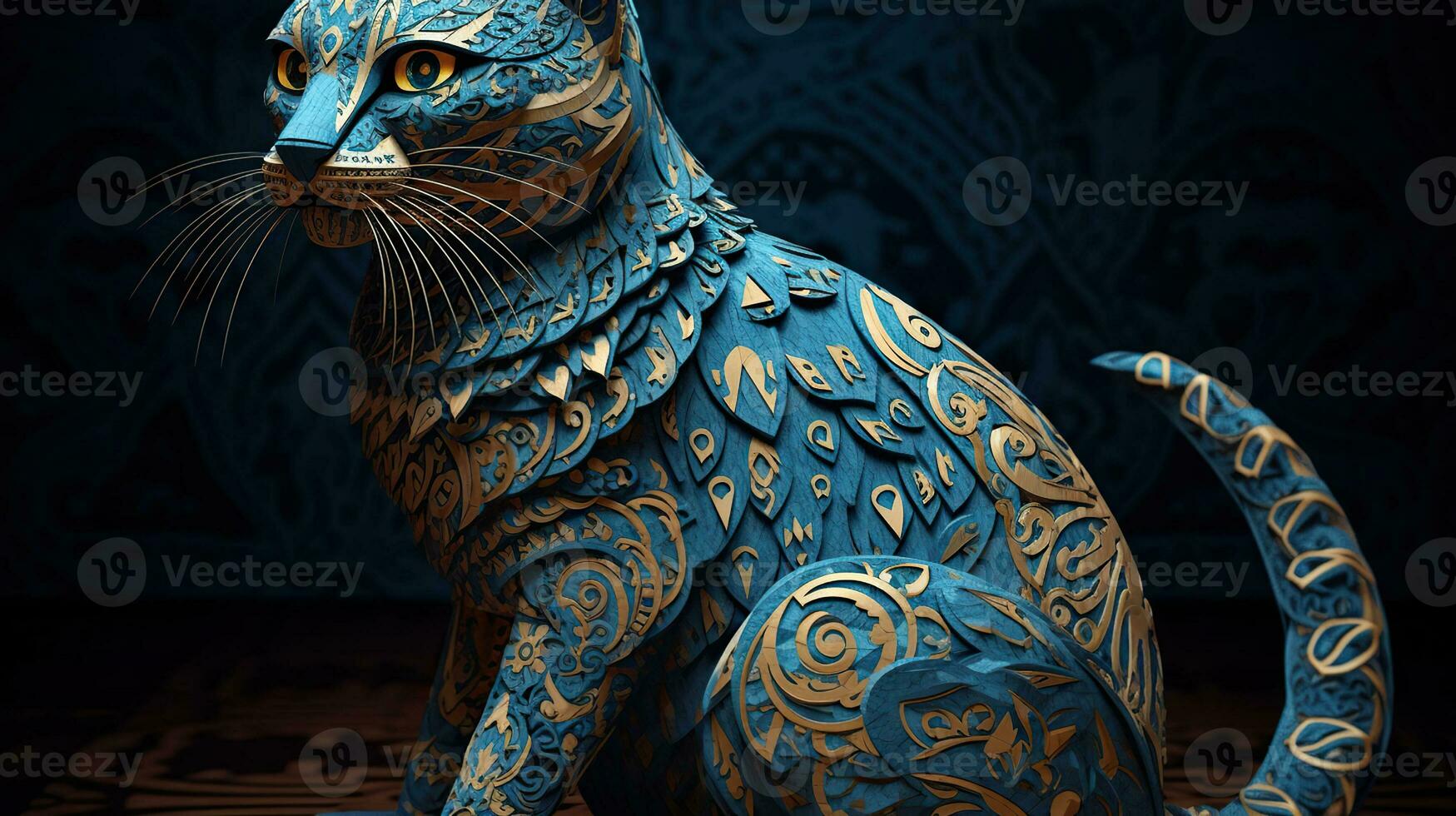 Feline Illusion, A Cut Paper Exotic Cat with Intricate Ornate Patterns and Shadow Play. Generative AI photo