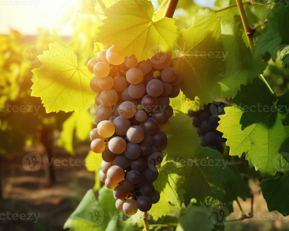 Sunny summer, Clusters of ripe grapes in the vineyard, Full, Crystal clear fruit, Vineyards in the background, Generative AI photo