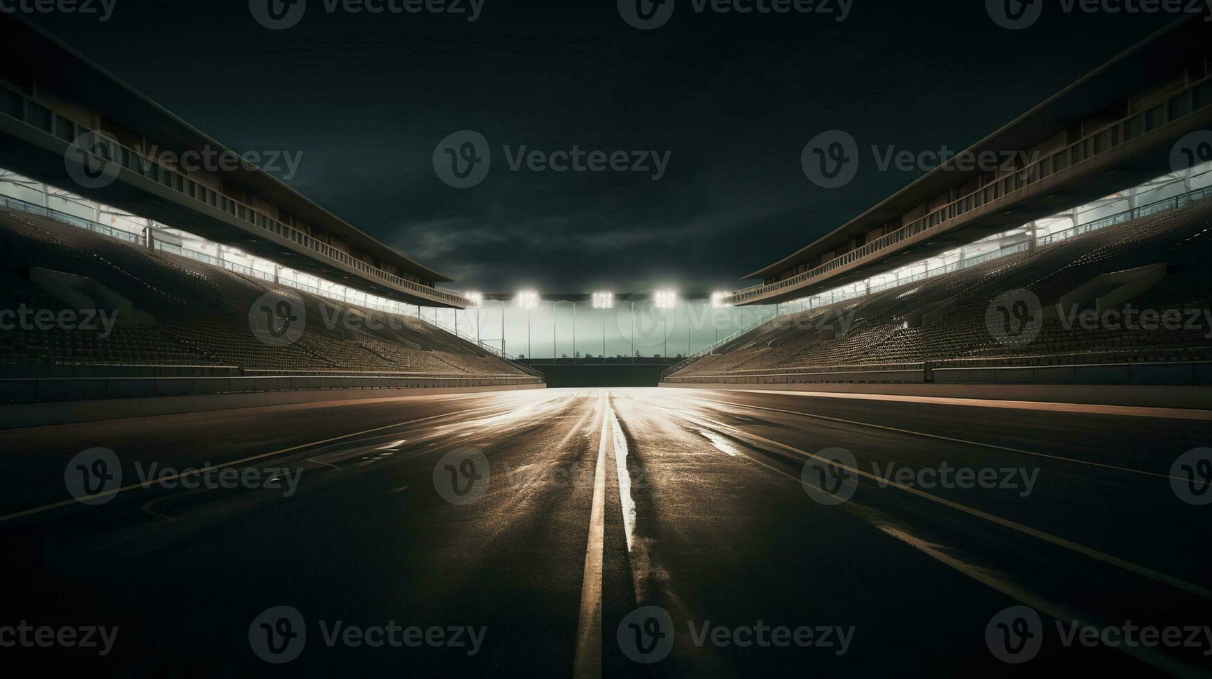 Race Track Arena with Spotlights. Empty Racing track with grandstands, shooting in the middle of the racing track and starting point, Generative AI photo