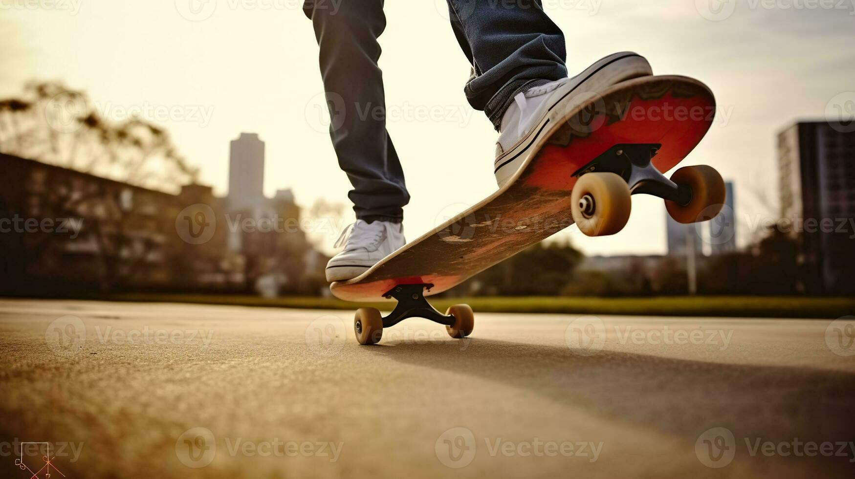 Skateboarder legs skateboarding trick ollie at city skate park. Generative AI photo