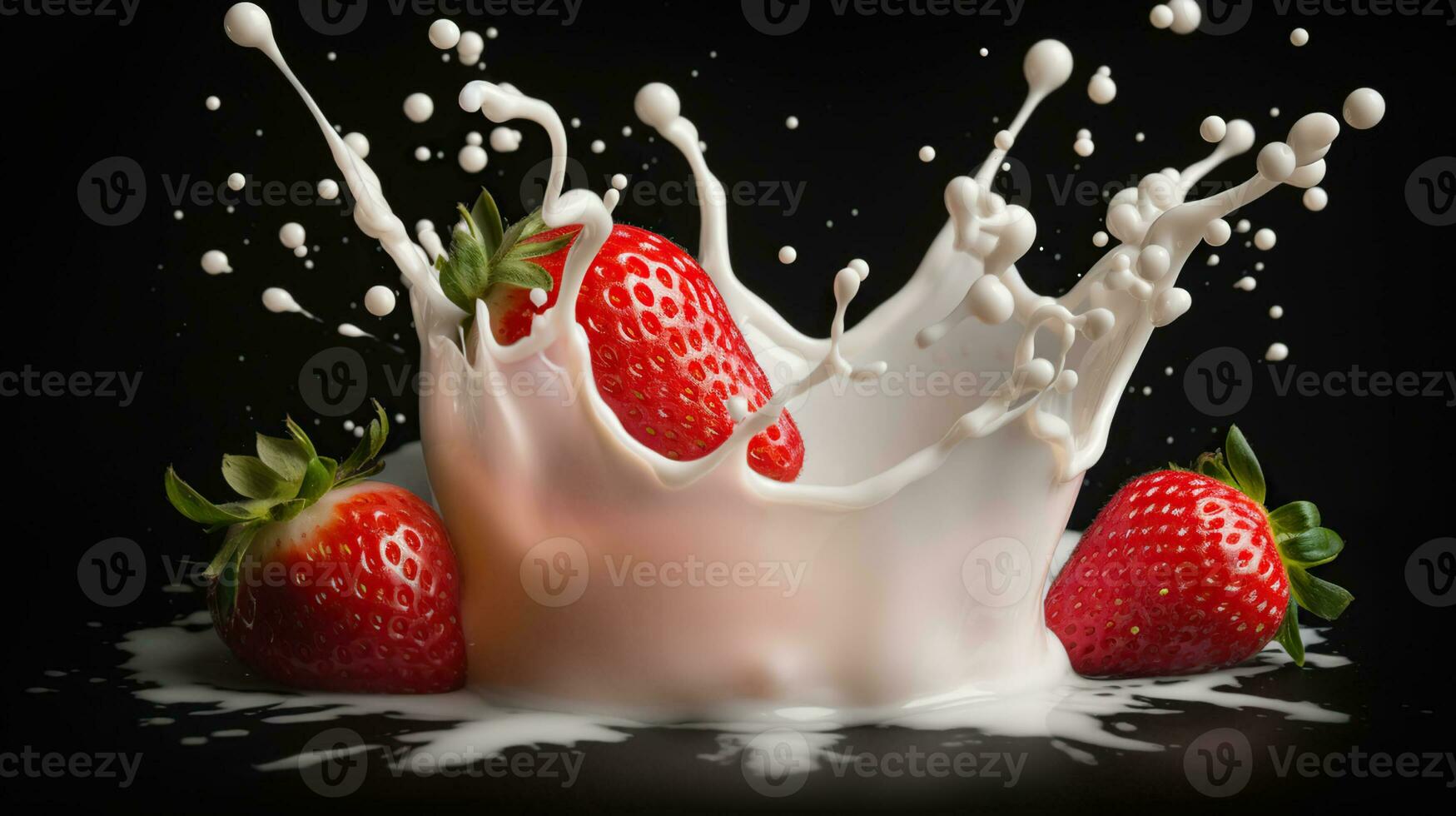 Strawberries falling into milk, splashes of milk, Generative AI photo