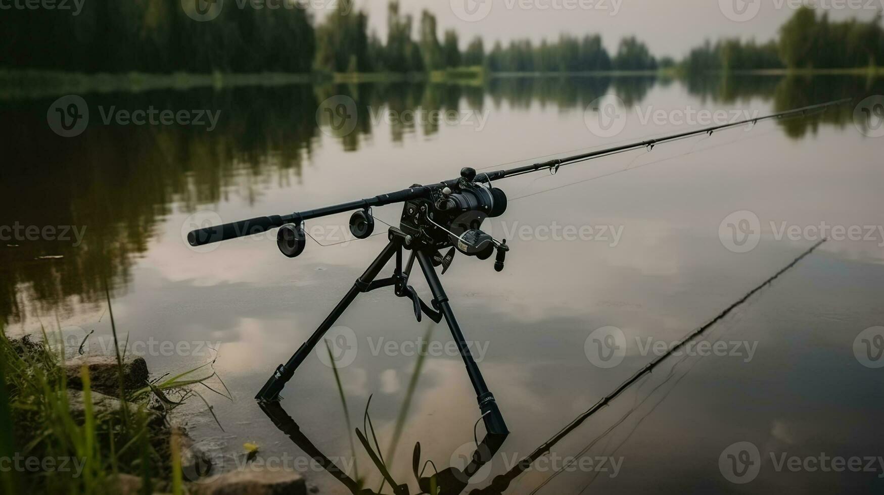 Spinning. Fishing with signaling devices on holder. Feeder fishing with reel. Rod pod. Generative AI photo