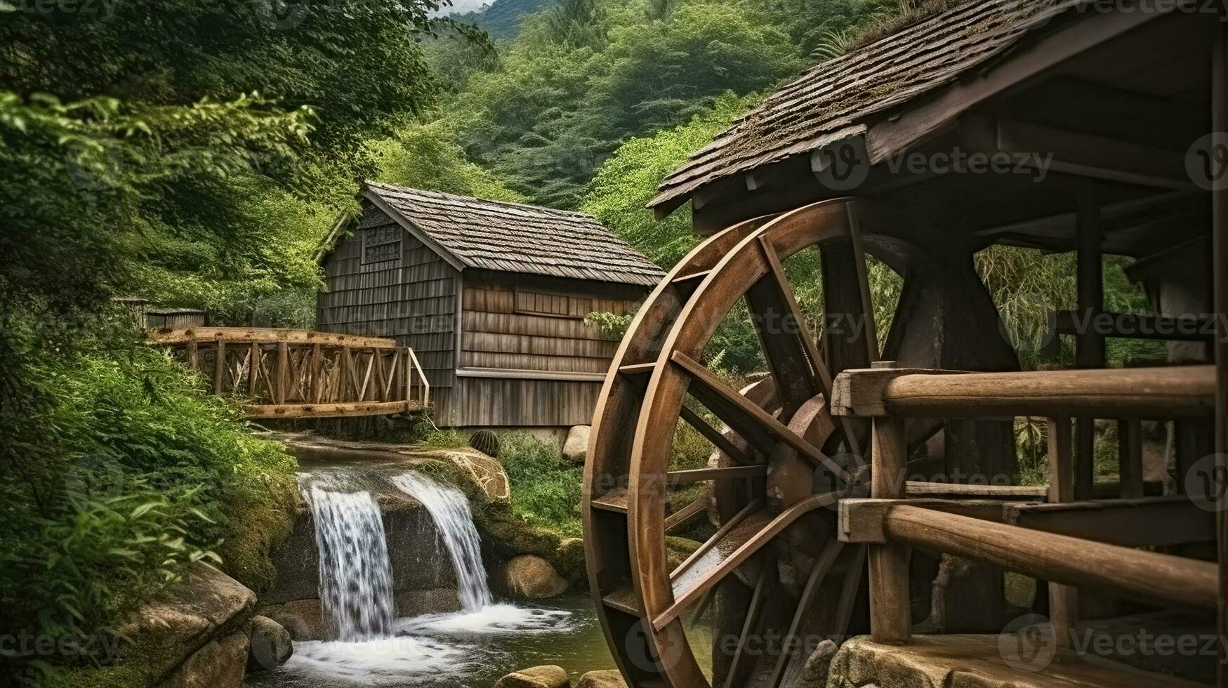 el molino rueda gira debajo un corriente de agua a pueblo con tradicional tejado de paja techado casas generativo ai foto