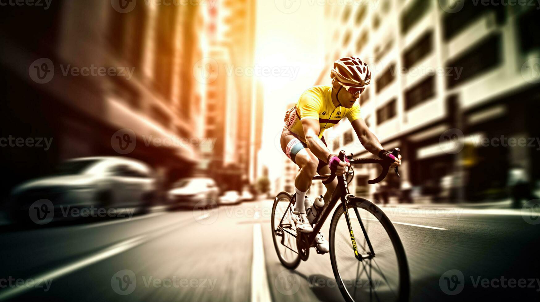 Racing cyclist on street, daylight, gradient from magenta to yellow. Generative AI photo