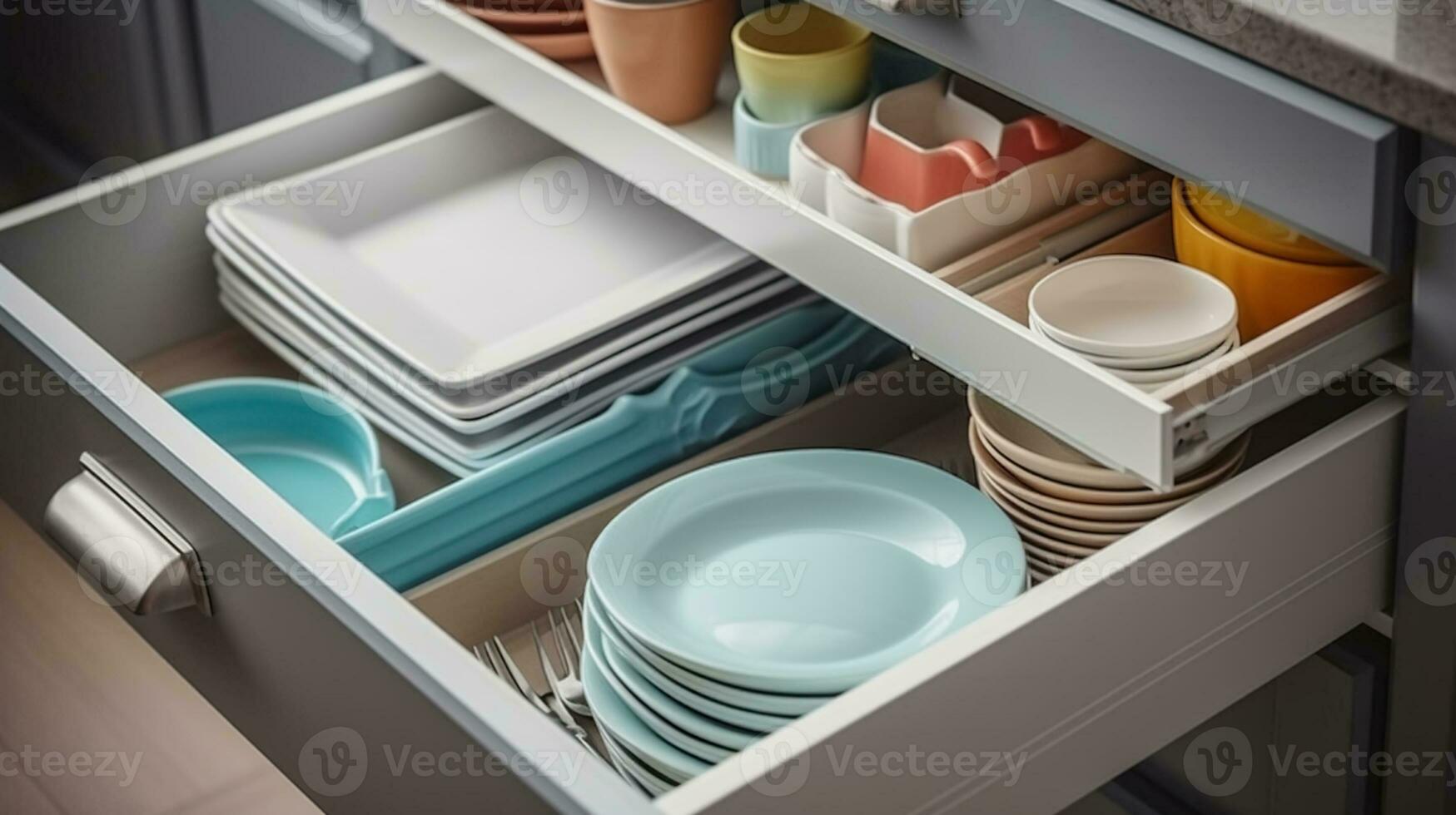 Discover the Exquisite Set of Tableware Nestled in the Kitchen Drawers. Generative AI photo