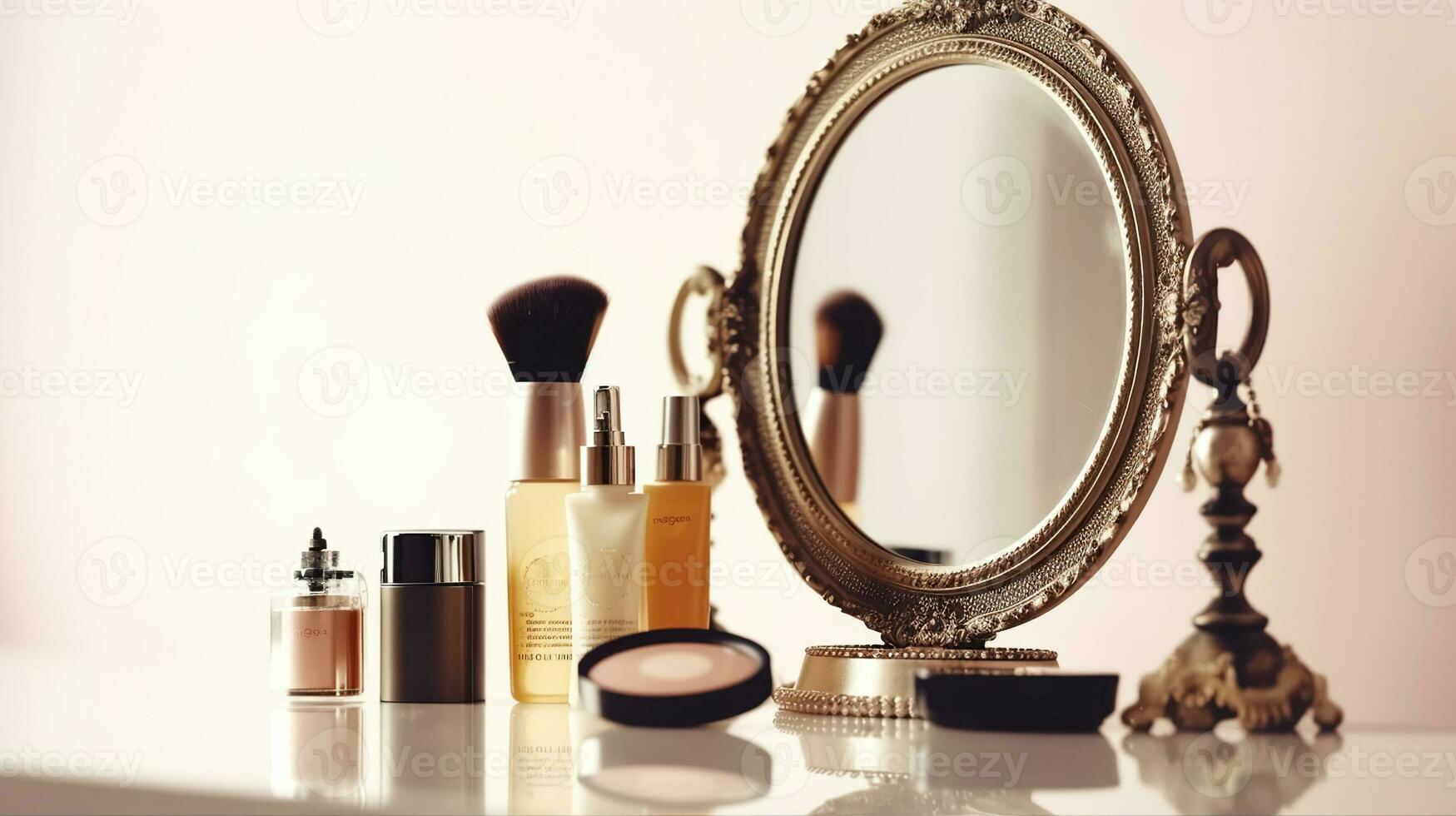 A Collection of Cosmetics and Vintage Mirror on a White Table, Bathed in Soft Light. Generative AI photo