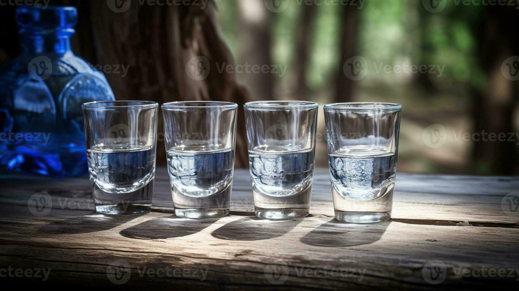 Ouzo in shot glasses on rustic wood background - Traditional greek vodka. Generative AI photo