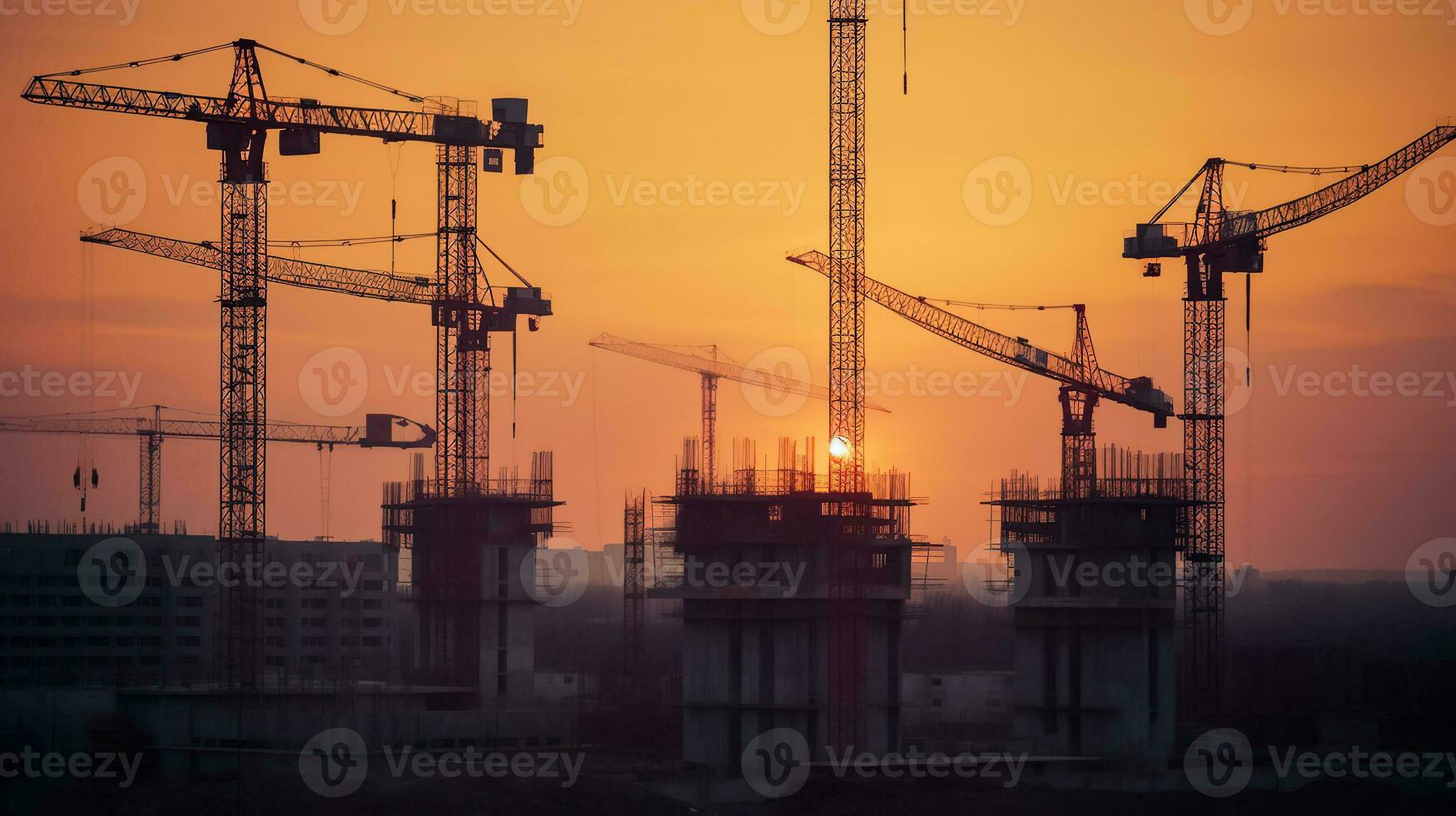 torre grúas a un grande construcción sitio a atardecer, un hermosa construcción yarda en el antecedentes. generativo ai foto