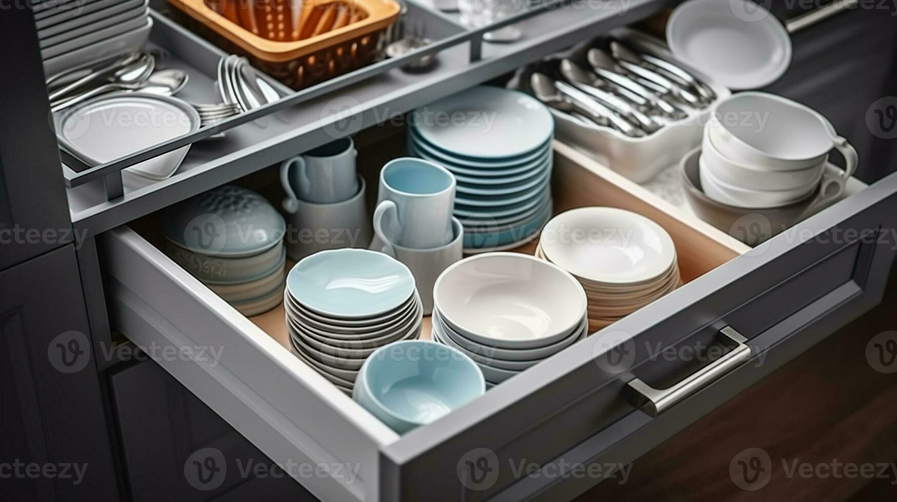 Set of tableware in kitchen drawers. Generative AI photo