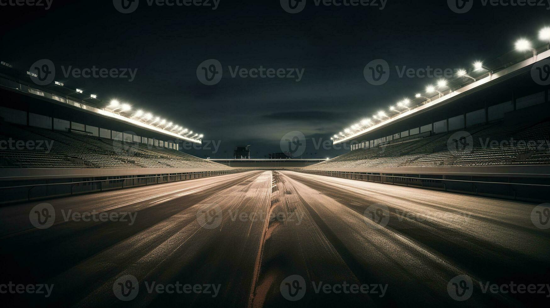 vacío carreras pista con tribunas, disparo en el medio de el carreras pista y comenzando punto, generativo ai foto