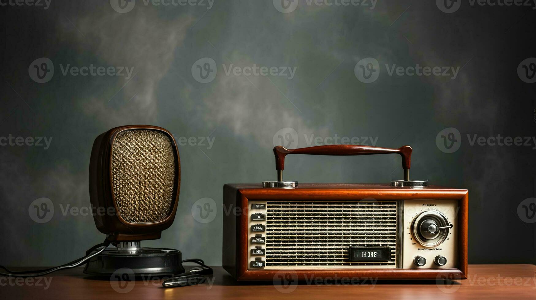 Retro radio and microphone on table against light wall. Generative AI photo