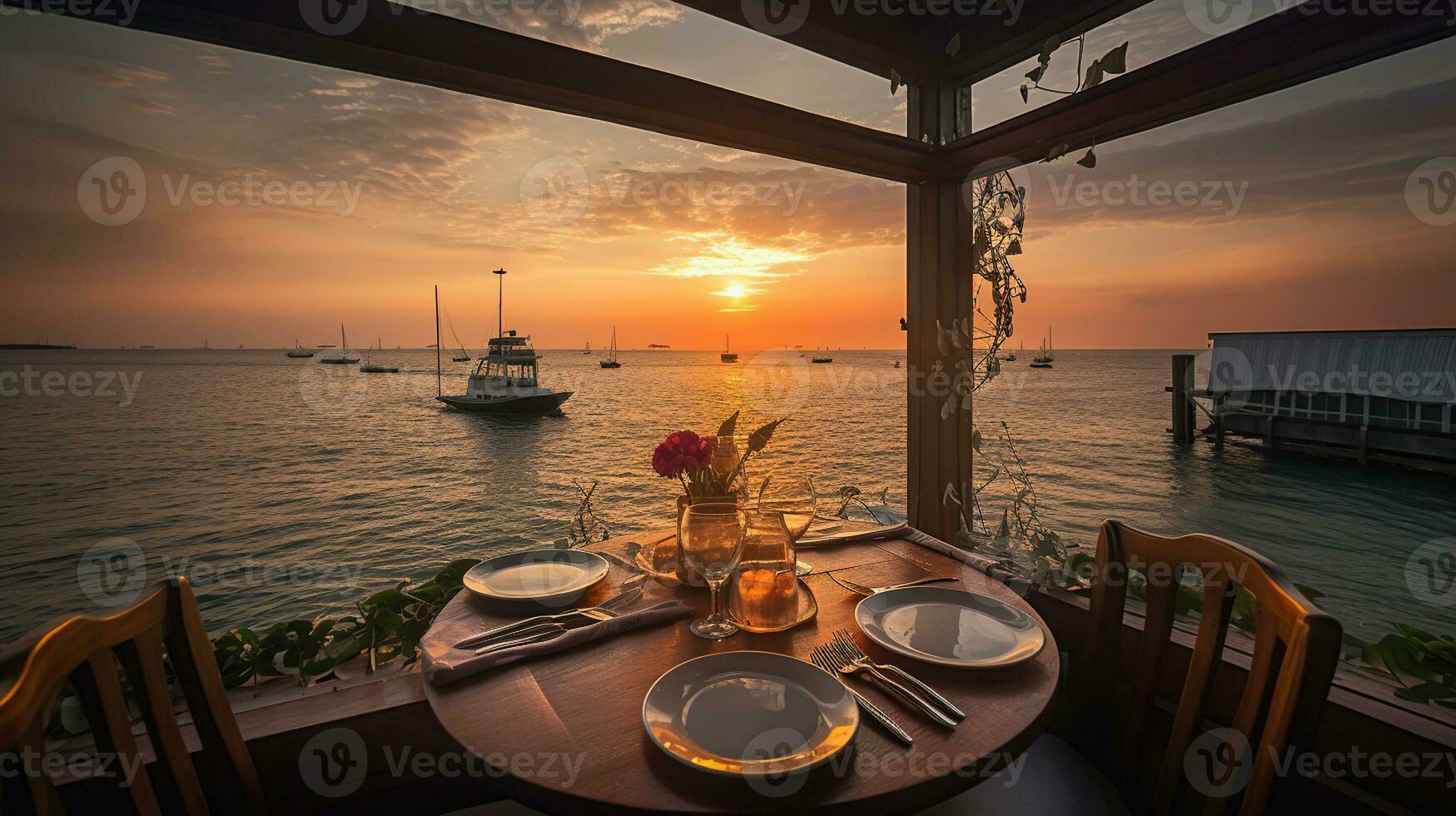 A Serene Seascape View Sets the Stage for an Enchanting Dining Experience. Generative AI photo