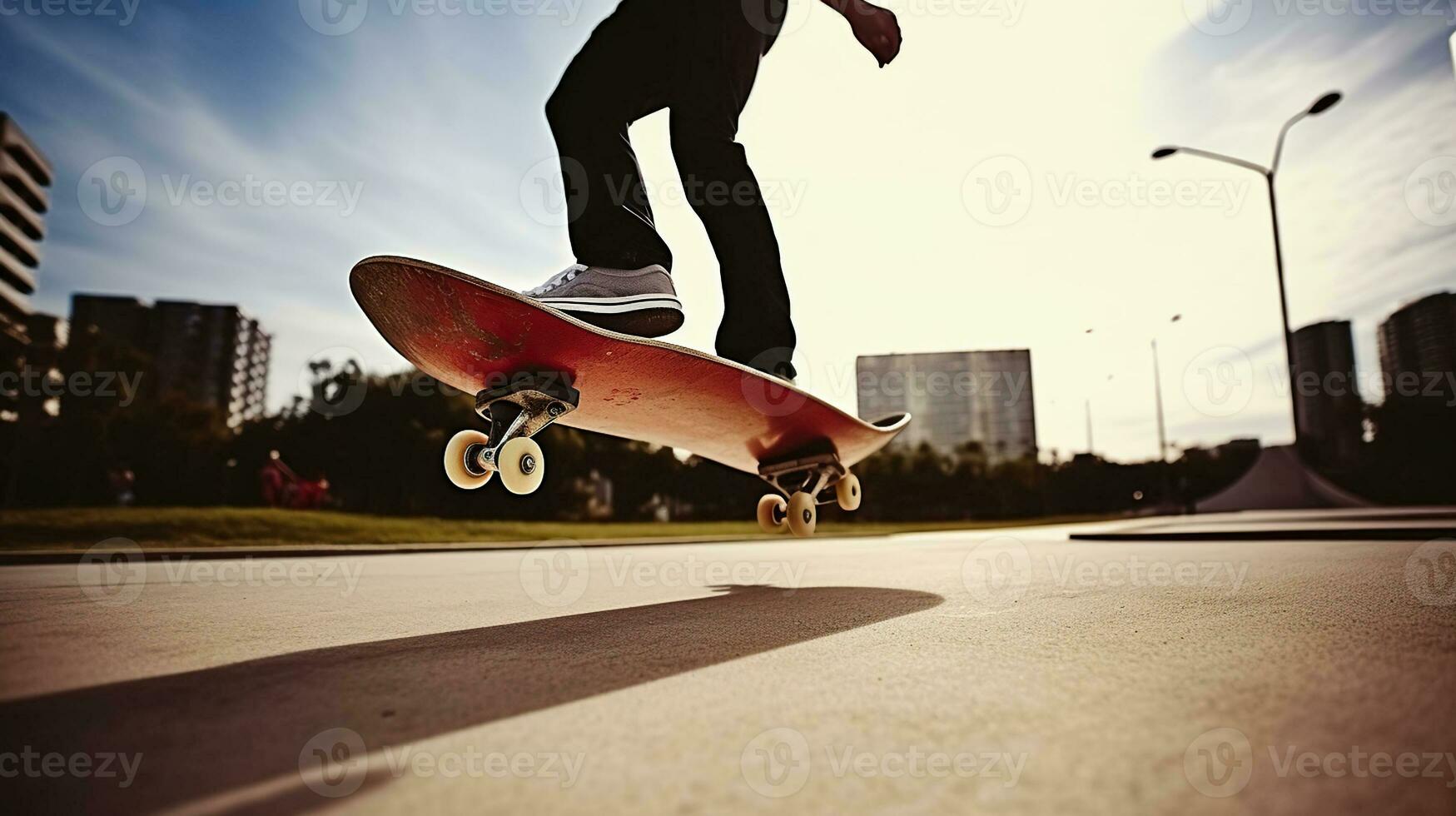 Skateboarder legs skateboarding trick ollie at city skate park. Generative AI photo