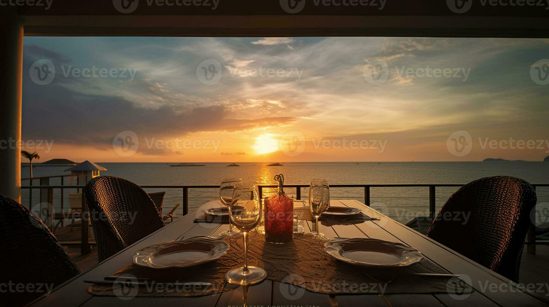 marina ver debajo puesta de sol ligero con comida mesa, generativo ai foto