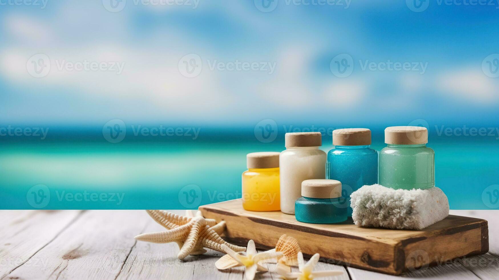 Spa Massage Products Harmonizing on Wood with a Blissful Blue Sea in the Background. Generative AI photo