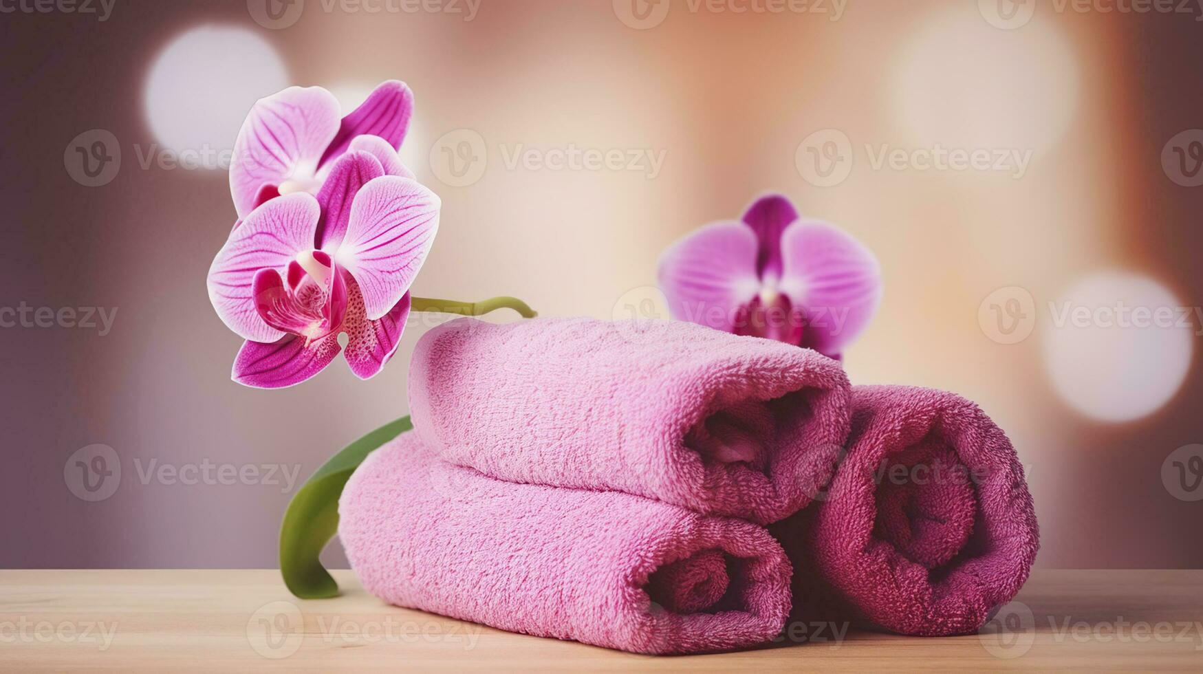 Spa Towels and Orchid Embracing Serenity on a Wooden Table Against an Abstract Backdrop. Generative AI photo