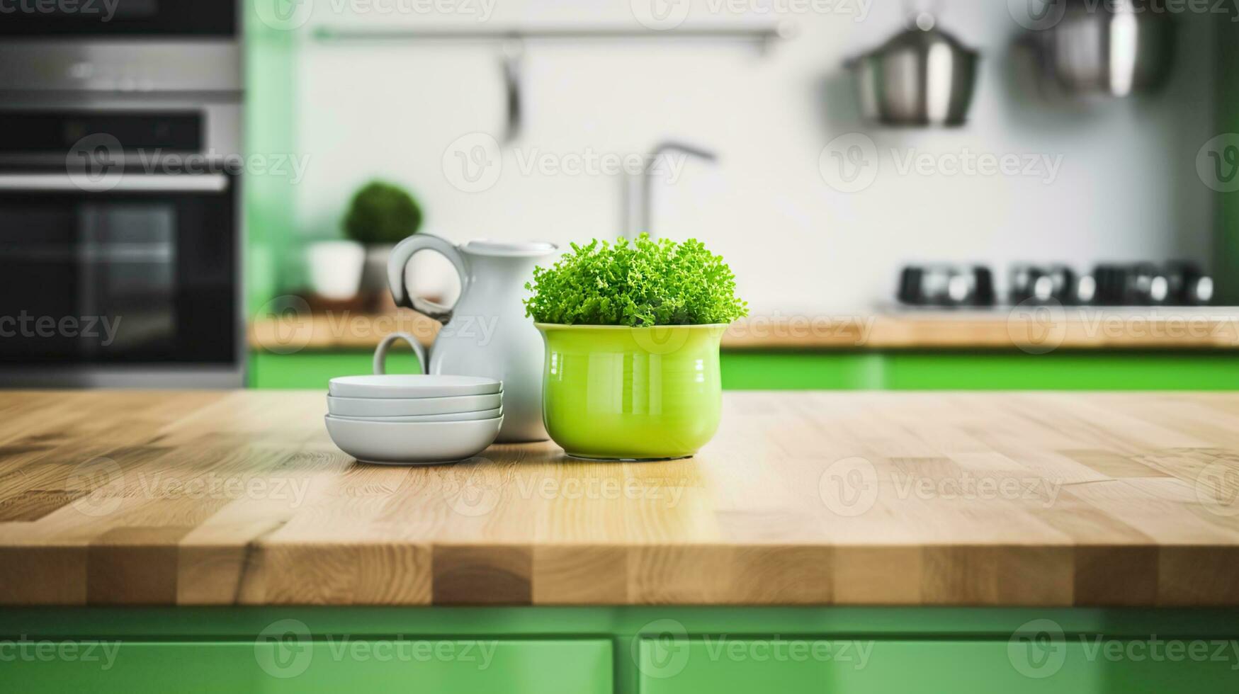 Natures Touch, Wooden Table Gracing the Green Modern Kitchen Bench, Infusing Organic Vibes. Generative AI photo