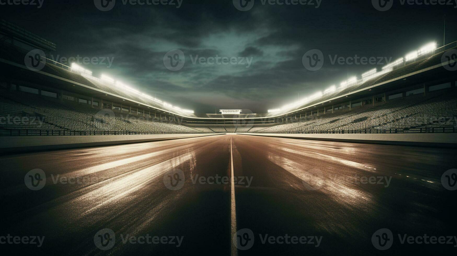 Race Track Arena with Spotlights. Empty Racing track with grandstands, shooting in the middle of the racing track and starting point, Generative AI photo