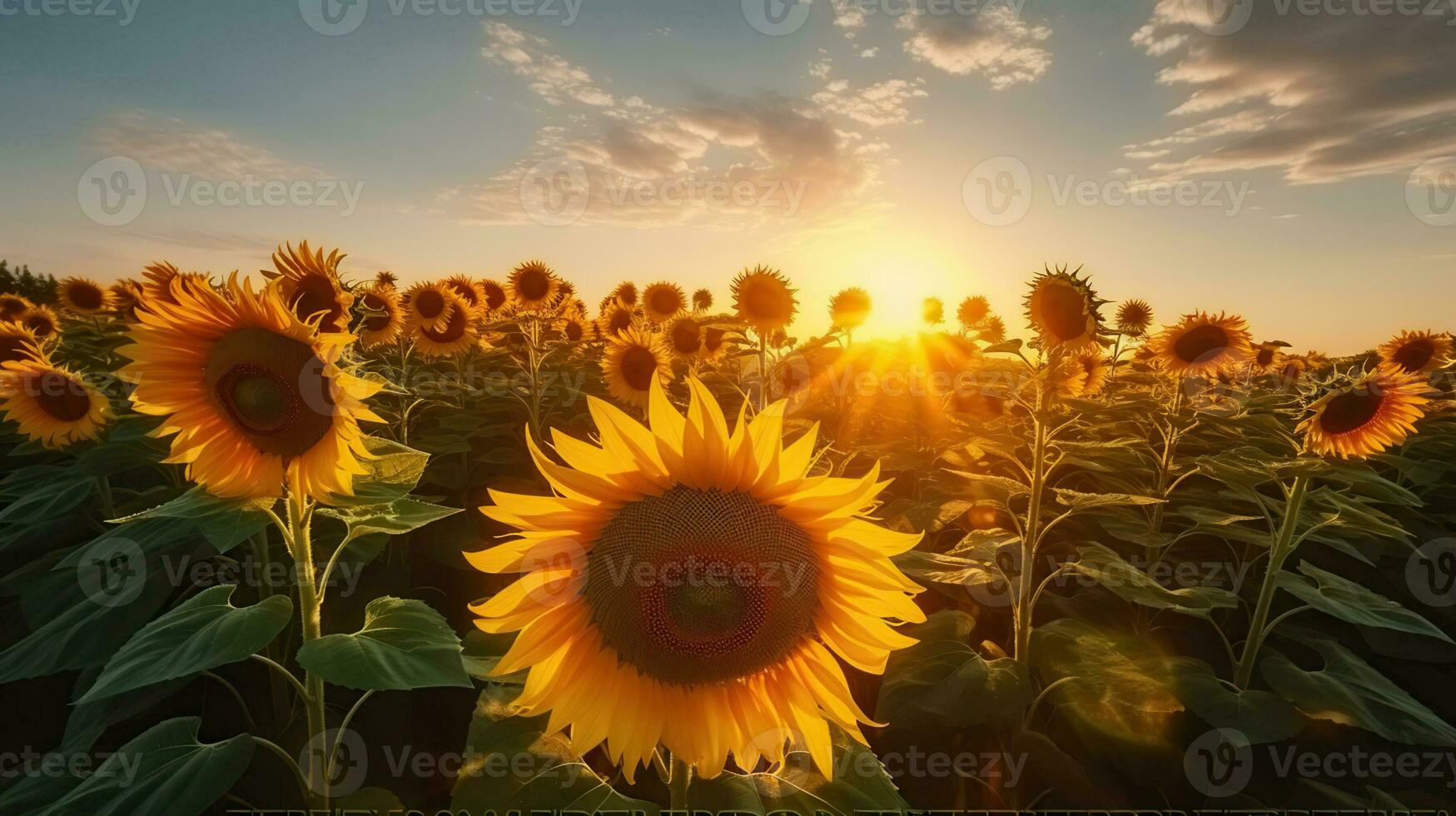 Sunflowers on the field at sunset, Generative AI photo