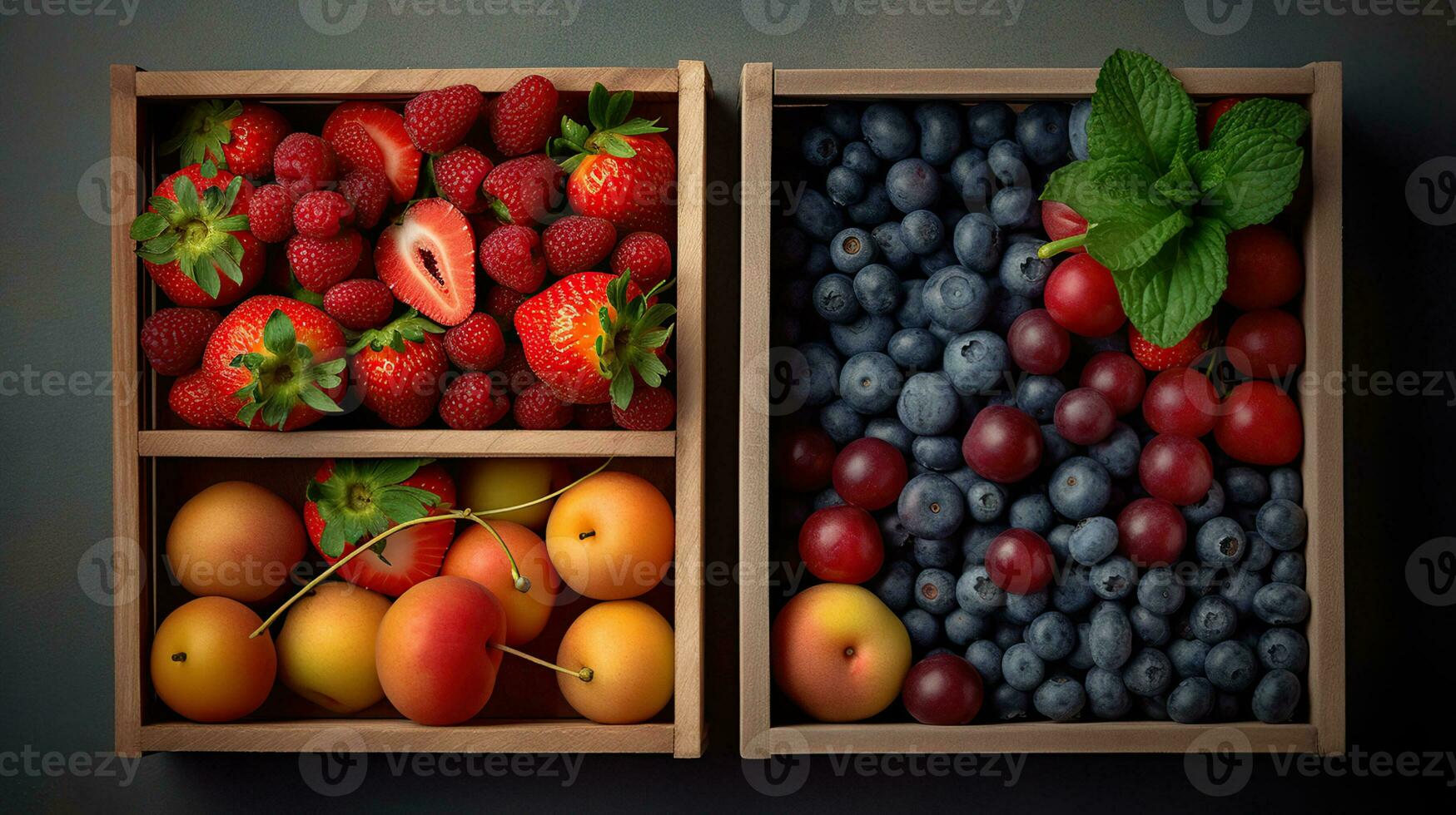Summer fruit and berry variety. Flat lay of ripe strawberries, cherries, grapes, blueberries, pears, apricots, figs in wooden eco friendly boxes over grey background, top view. Generative AI photo