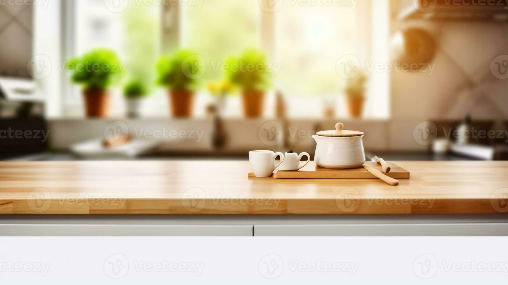 de madera mesa parte superior en difuminar cocina habitación y ventana antecedentes. generativo ai foto