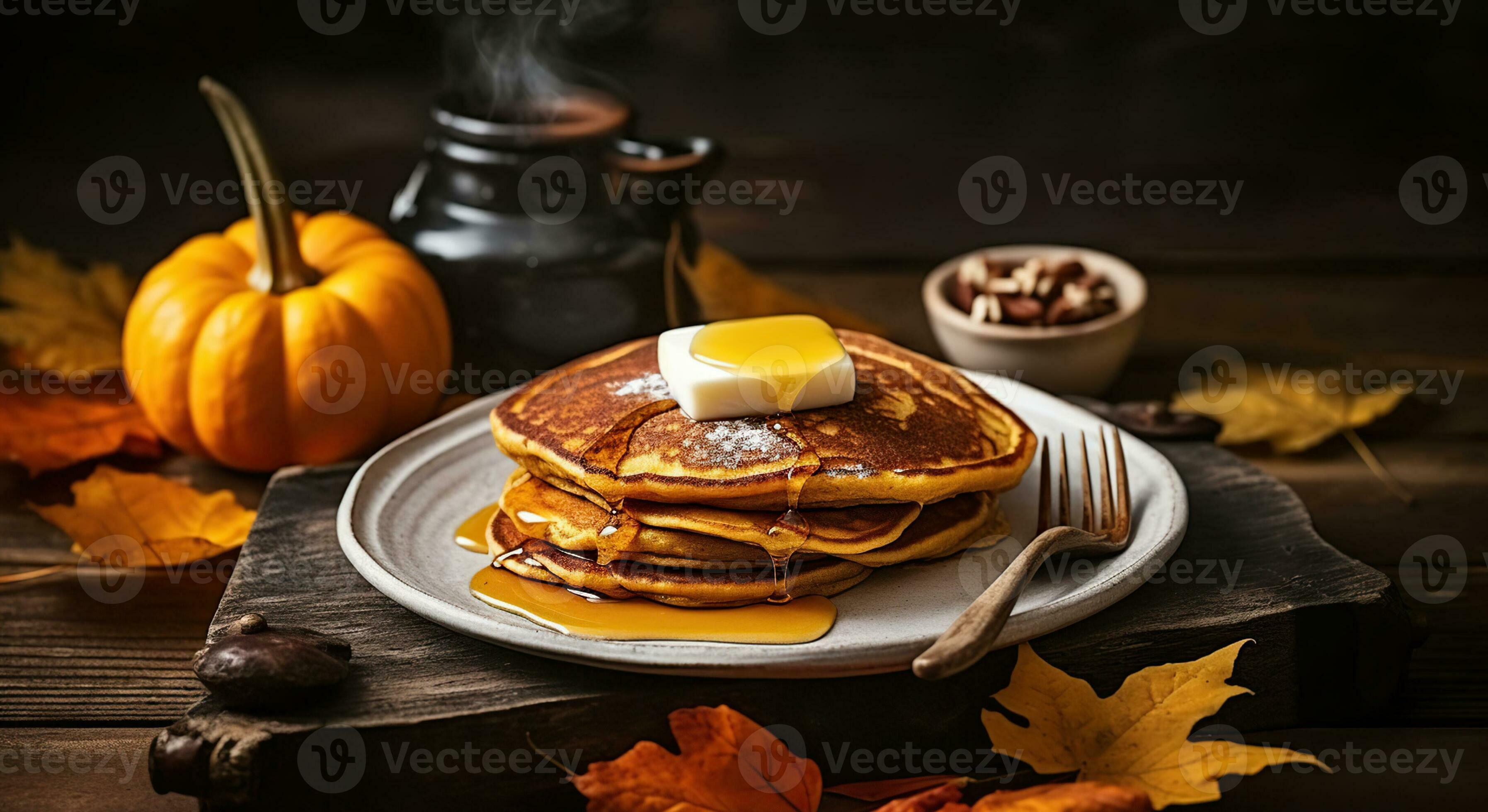Pumpkin Perfection, Rustic Delights of Fluffy Pancakes on Wood 