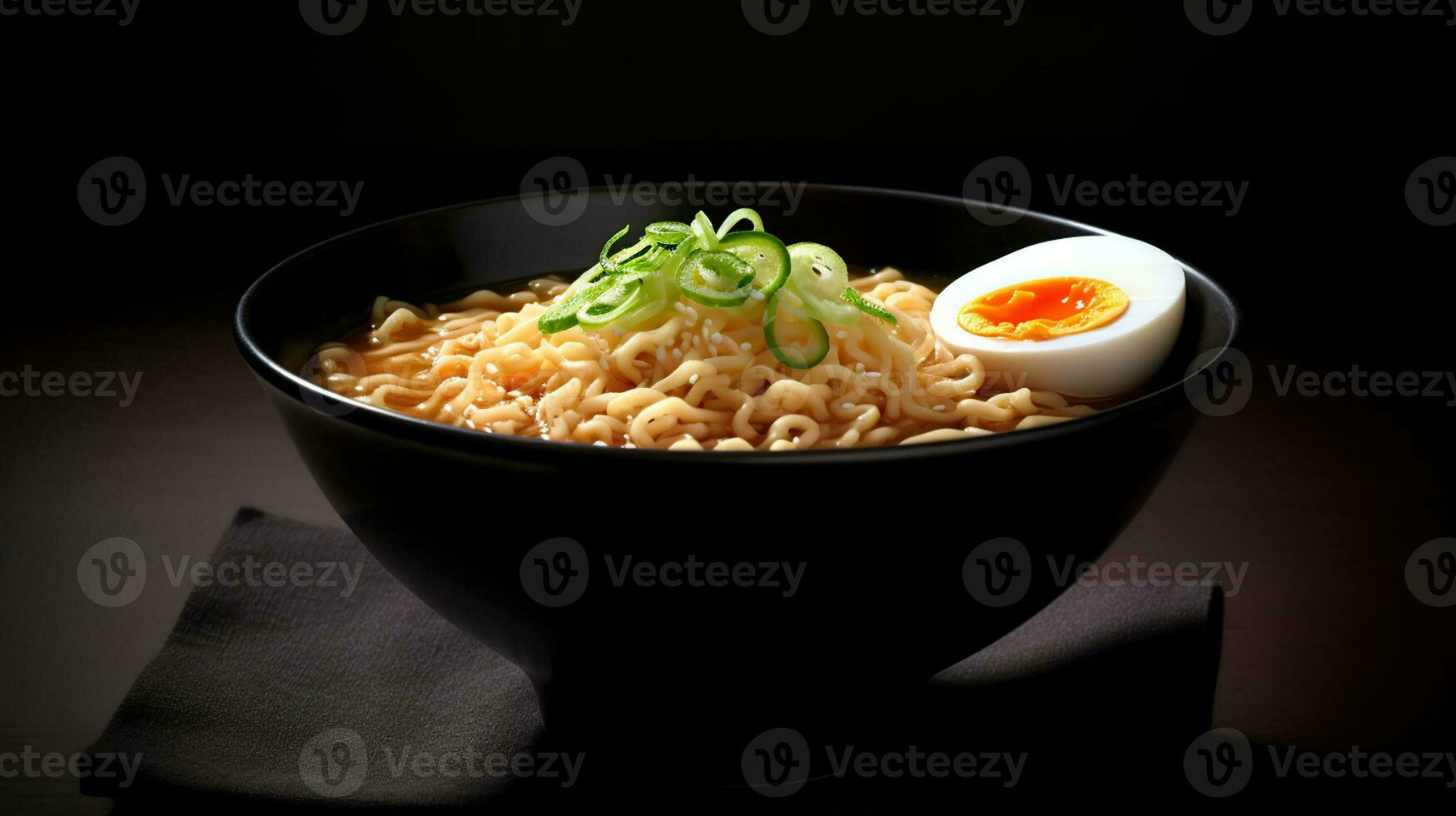 Ramen. Japanese ramen noodle soup in black bowl. Generative AI photo