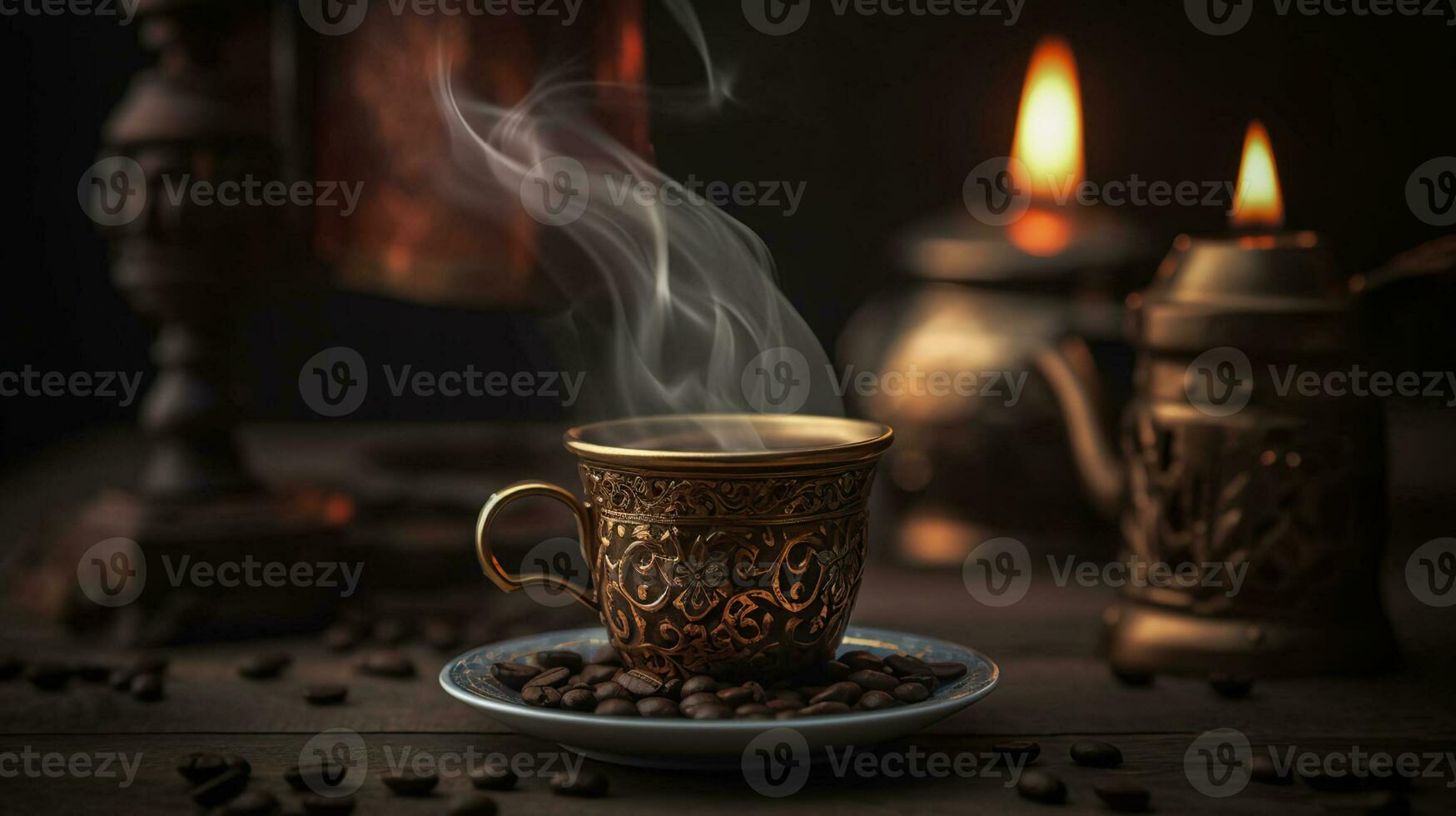 Steaming turkish coffee with coffee beans, tasty, close shot. Generative AI photo