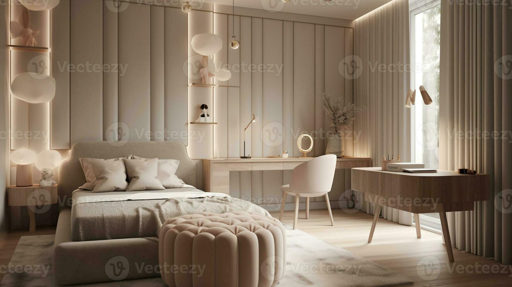 Cinematic, hyper realistic render of minimalist luxury kids bedroom villa. Generative AI photo