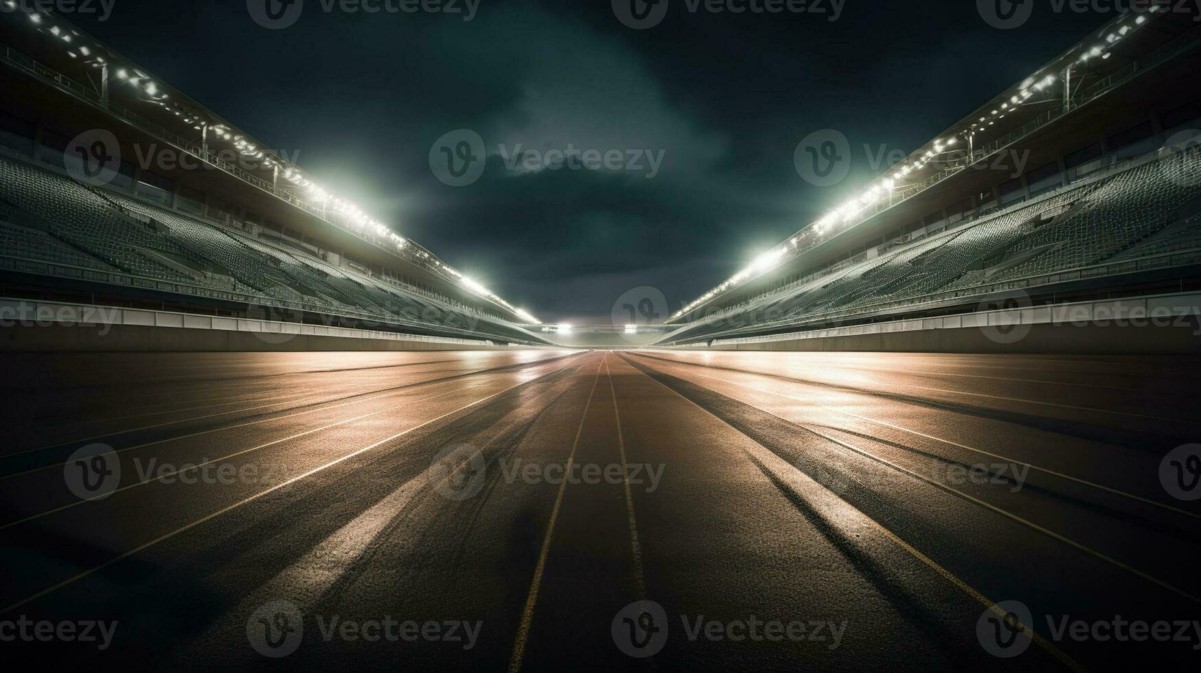 Empty Racing track with grandstands, shooting in the middle of the racing track and starting point, Generative AI photo