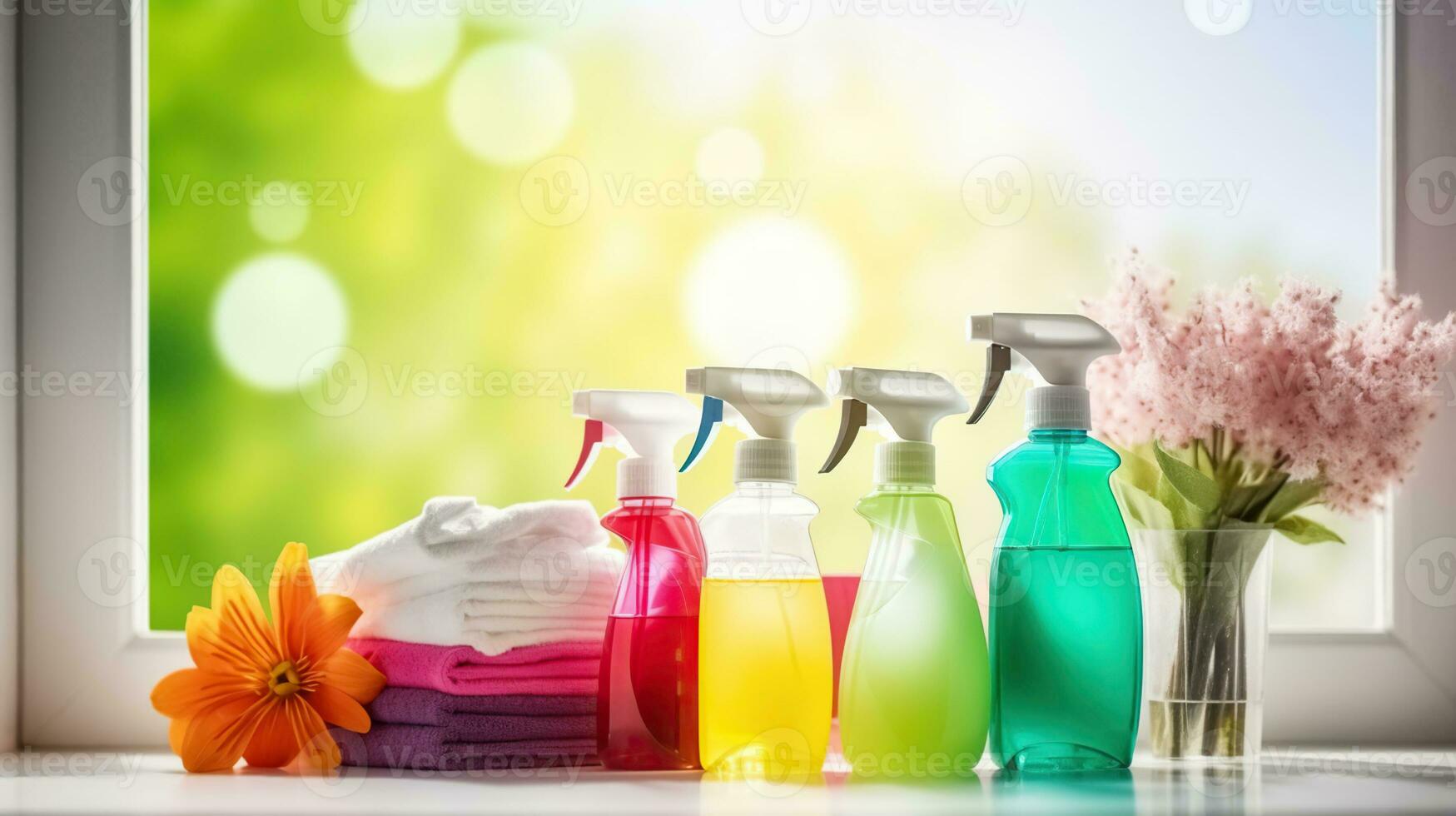A Fusion of Cleaning Supplies and Fresh Flowers on a Blissful Blurred Background. Generative AI photo