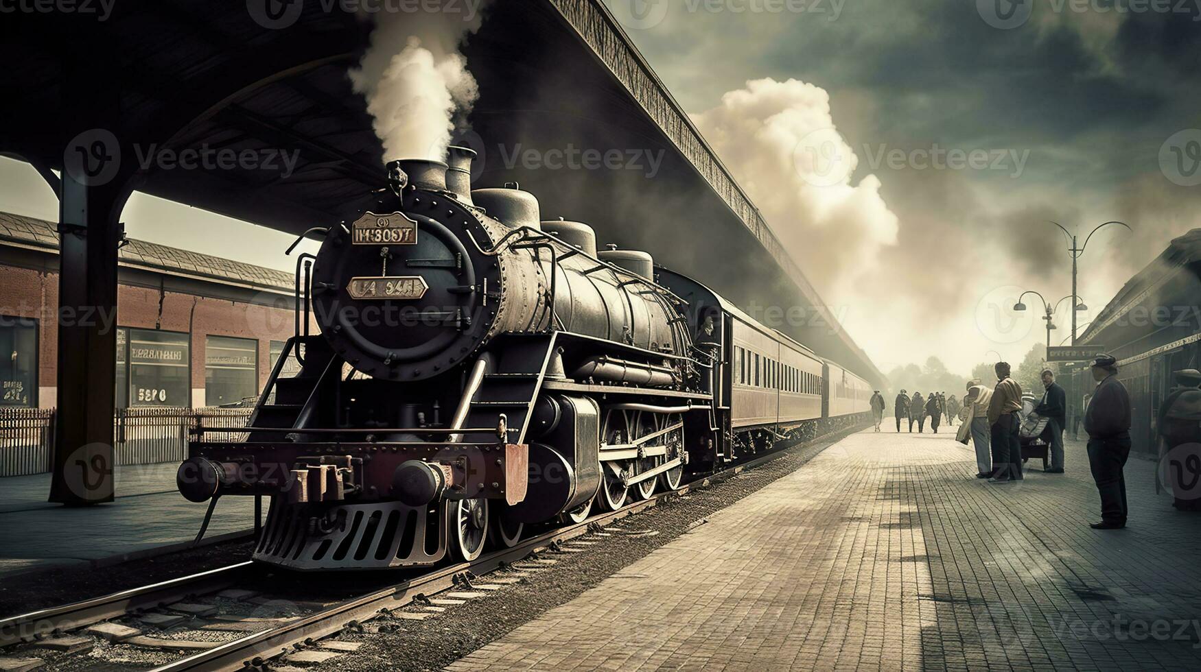 Vintage train station, with billowing steam, excited passengers, and a sense of adventure and nostalgia, Generative AI photo