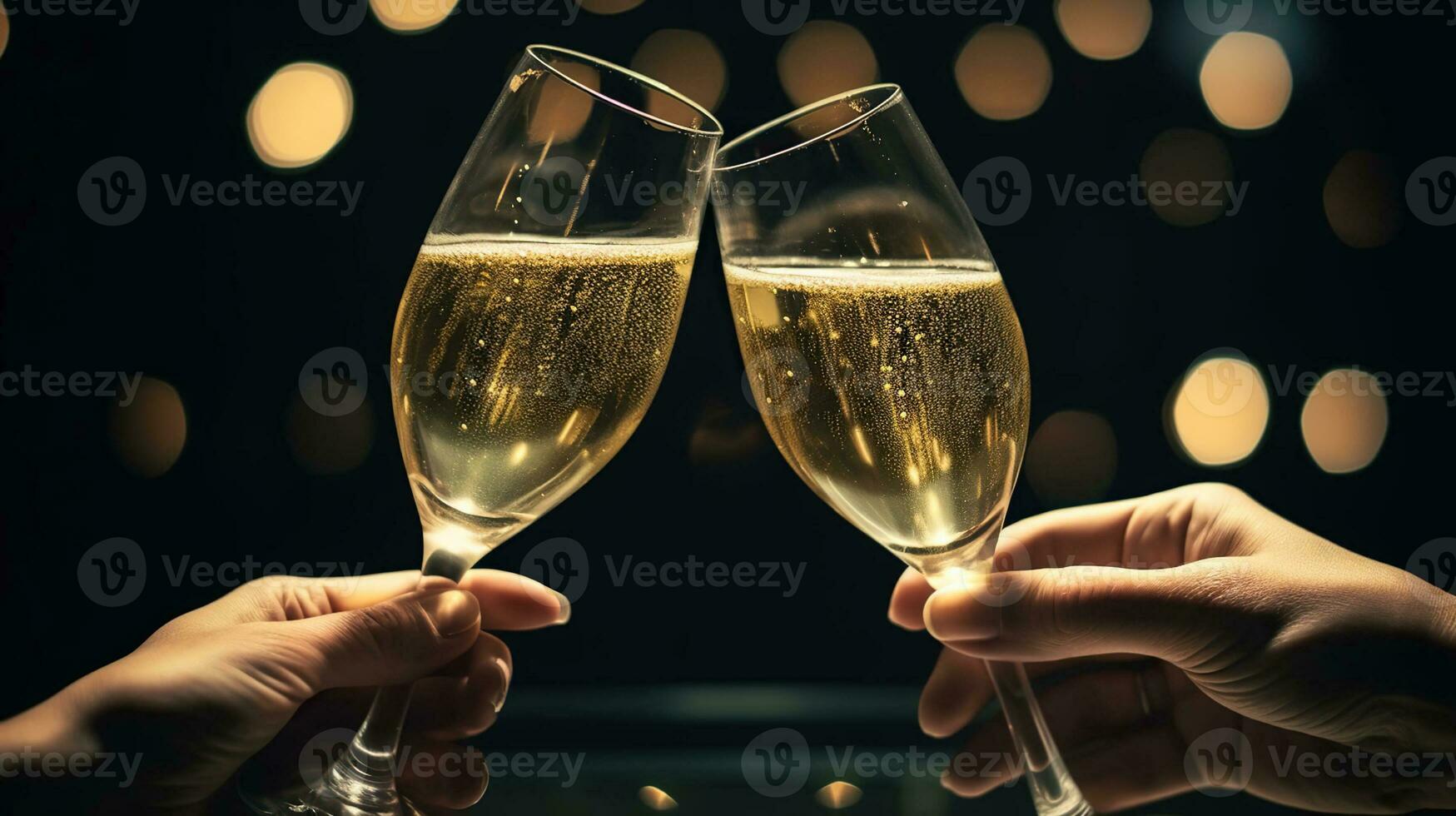 Two glasses of champagne touching each other and toasting at night New Year's party celebration. Generative AI photo